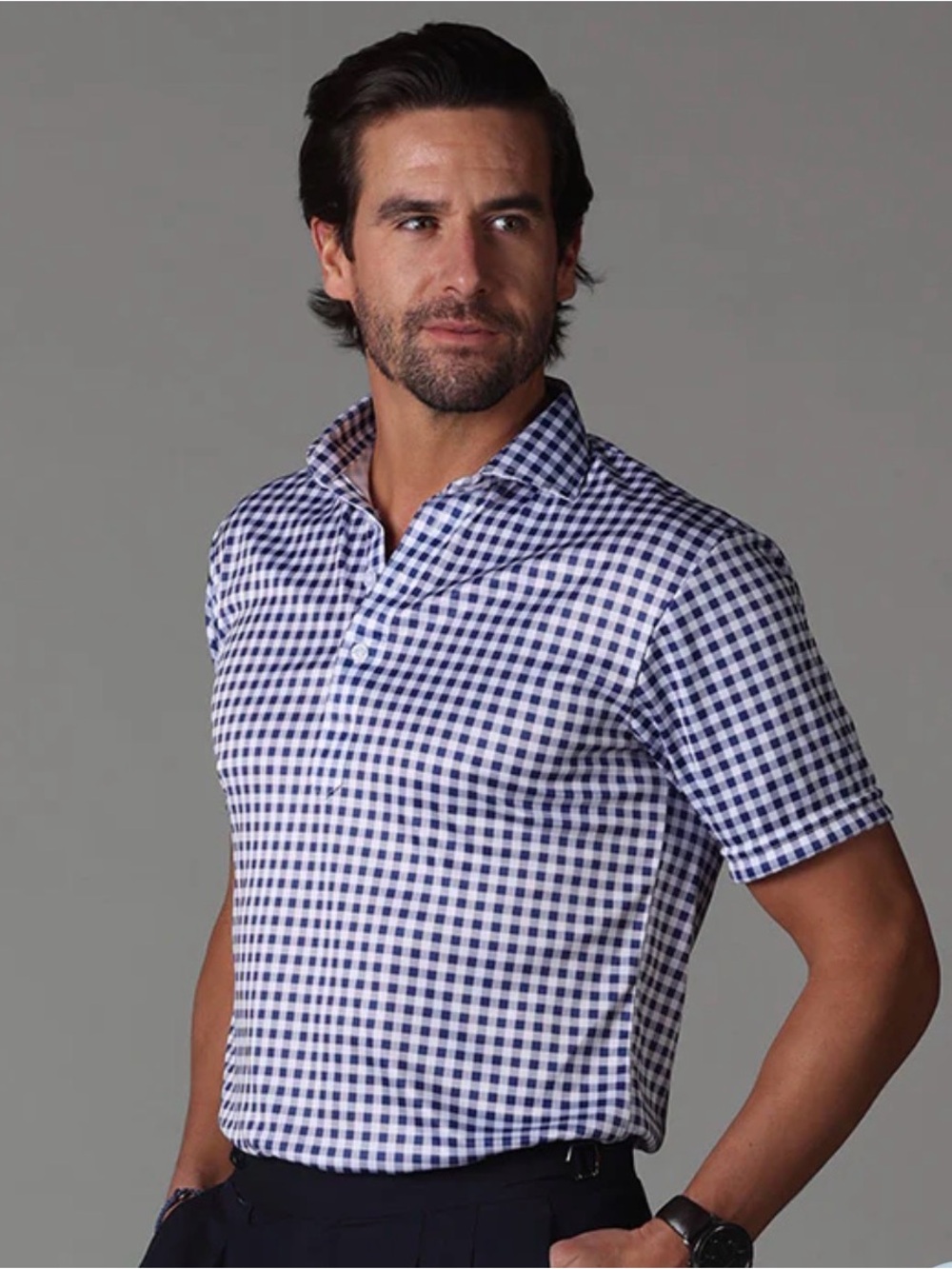 Collars & Co Navy Gingham Polo Shirt Large RLX FIT Dress Collar Performance NWT
